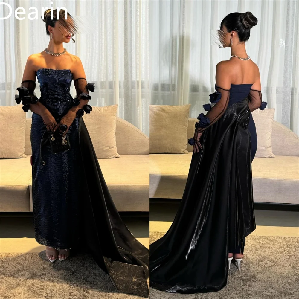 

Customized Evening Gown Dearin Strapless Column Floor Length Skirts Sequin Draped Applique 3D Flower Bespoke Occasion Dresses Sa