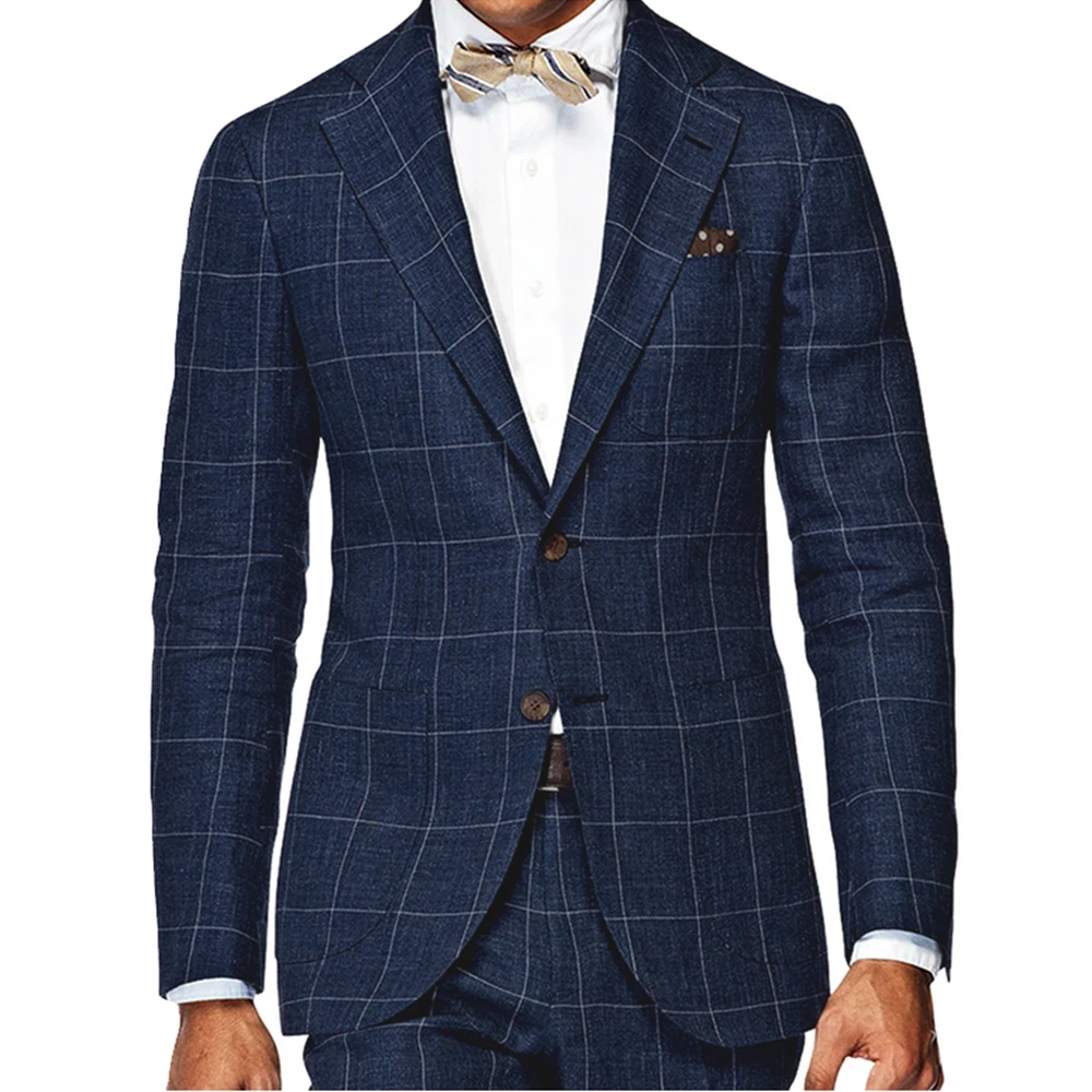 Custom Mens Suit Essentials Slim Fit Windowpane Suit Tailor Made Suit Light Navy Windowpane Suits For Men Elegant Business Suit