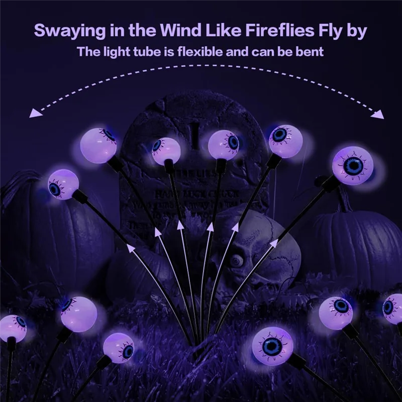 HFES زينة الهالوين أضواء مقلة العين في الهواء الطلق، 4 قطع 8 المصابيح أضواء المسار الشمسية يتمايل بواسطة الرياح لساحة الحديقة الأرجواني دائم