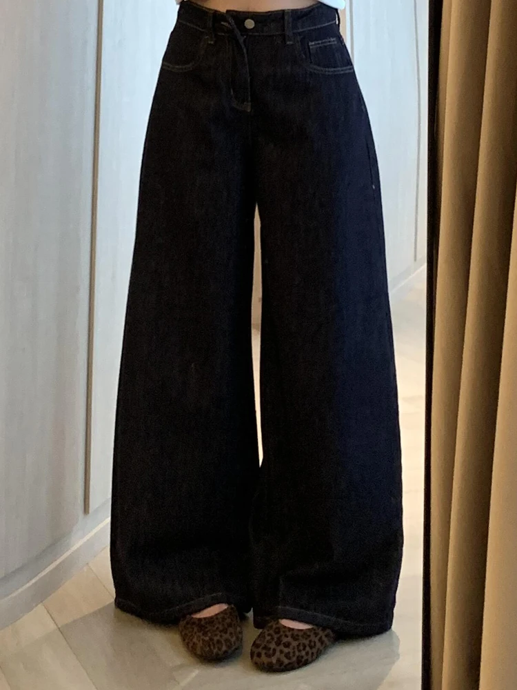 

Y2K Washed Deep Blue Jeans Women Summer High Waisted Loose Hanging Feel Straight Leg Wide Leg Floor Pants Versatile Long