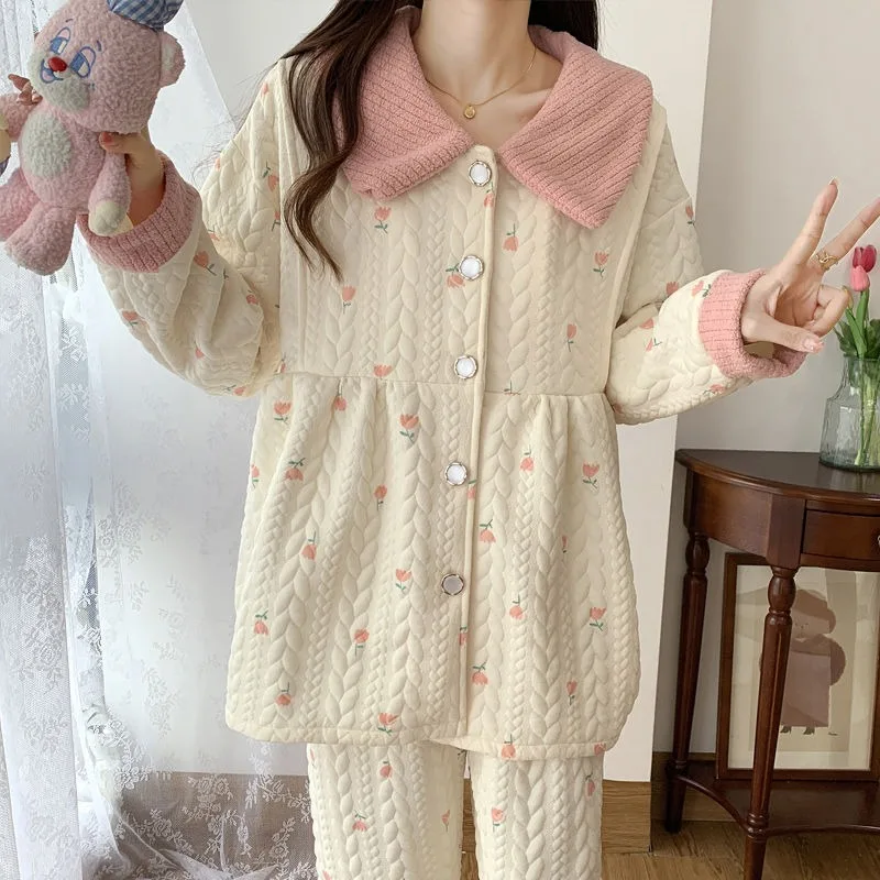 2024 New Air Cotton Nursing Clothes Autumn Winter Cotton Padded Pregnant Women Pajamas Adjustable Warm Homewear Two-piece Suit