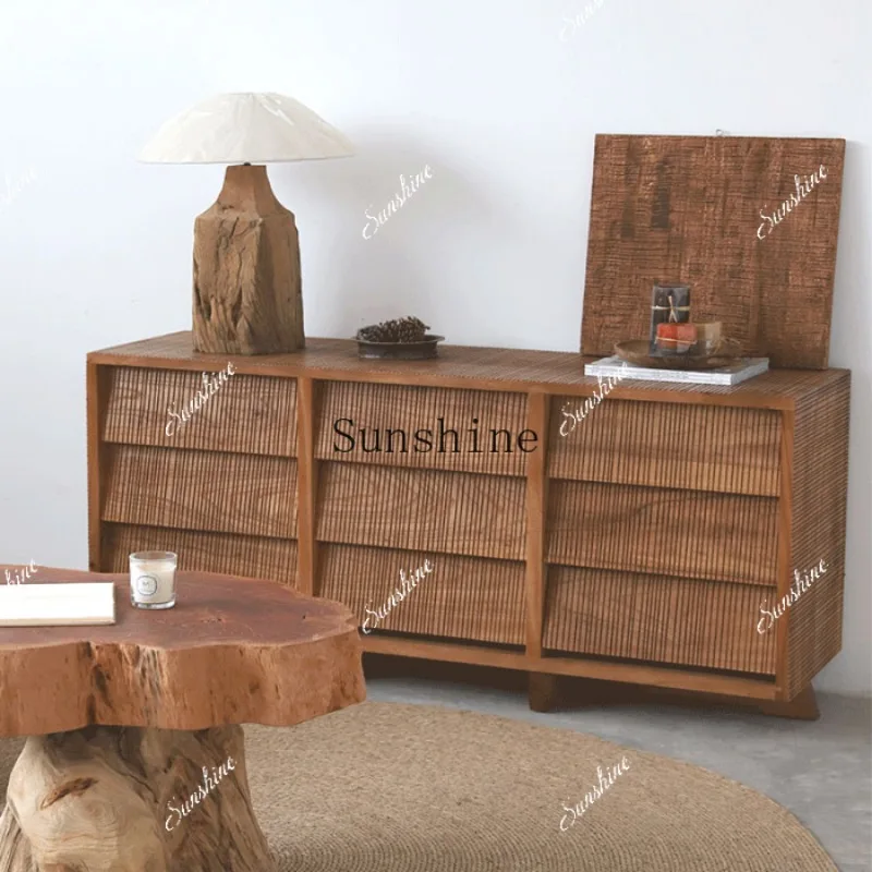 Wabi Sandy Wind Solid Wood Jiudou Japanese-style Storage Homestay Living Room Dining Side Cabinet  FT