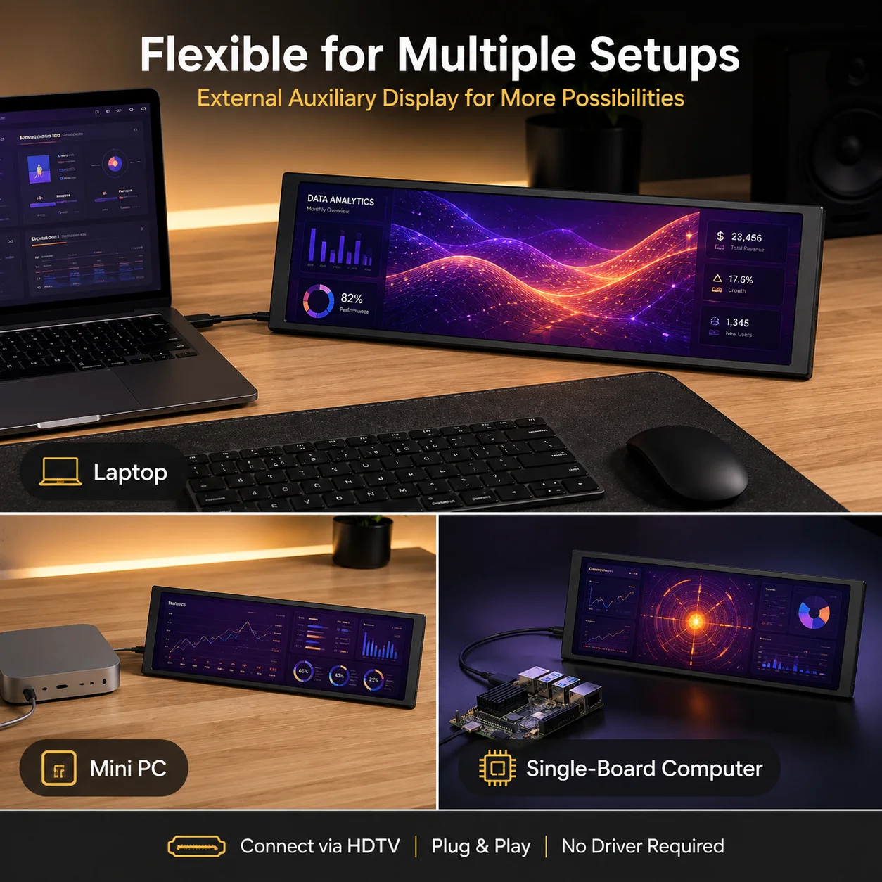 LESOWN 소형 확장 스크린 LCD 와이드 바 모니터 11.3 8.8 7.9 인치 440x1920 IPS HDMI 컴퓨터 라즈베리 파이 용 모니터 확장 썸네일 6