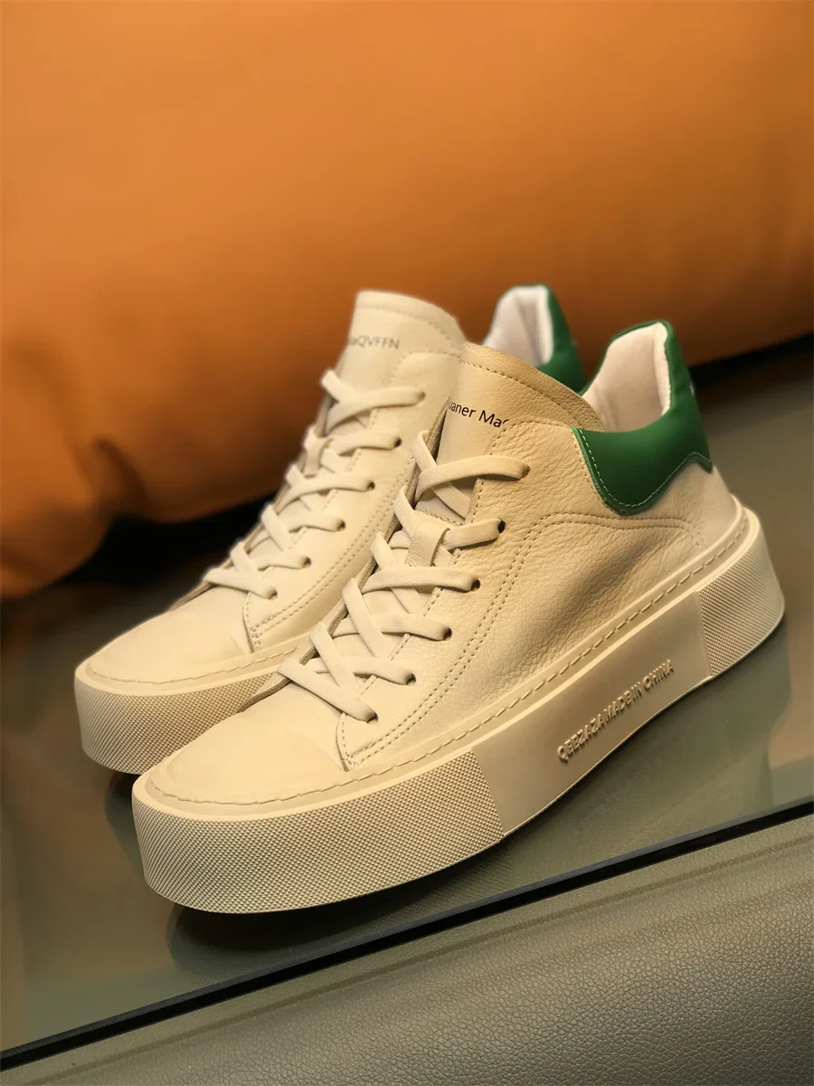 2024 Spring And Autumn New Men's Casual Shoes Genuine Leather Mid Top Small White Shoes Korean Edition Board Shoes