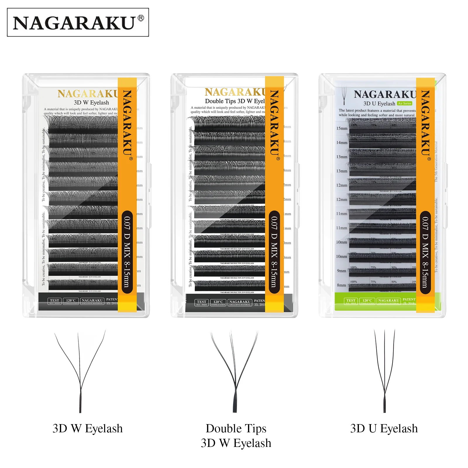 NAGARAKU 3D con puntas dobles 3D con forma de U pestañas 3D W extensiones de pestañas en forma de W ventiladores prefabricados en blíster