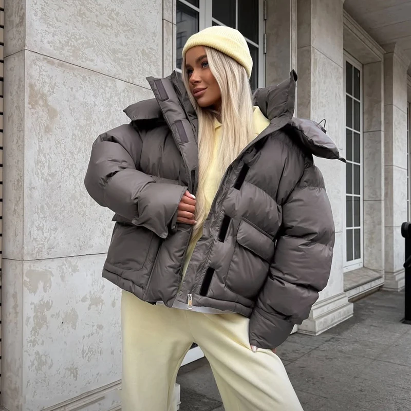 Kapuzenjacke mit Großen Taschen, Übergroße Gefütterte Jacken für Damen, Street-Style, Stehkragen, Lange Ärmel, Reißverschluss, Einfarbig, Lose Pufferjacken, Neue Oberbekleidung – Detail 5