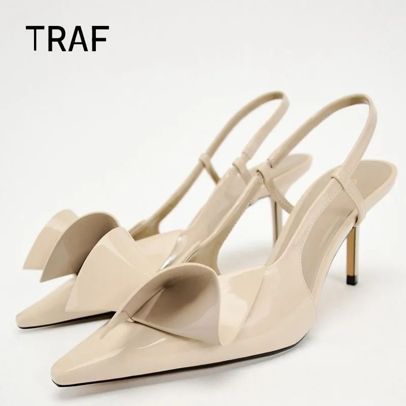 

TRAF Woman High Heeled Shoes 2024 Summer New Bow Knot Pointed Toe Women Pumps Slingback Heeled sandals Elegant Woman high heels