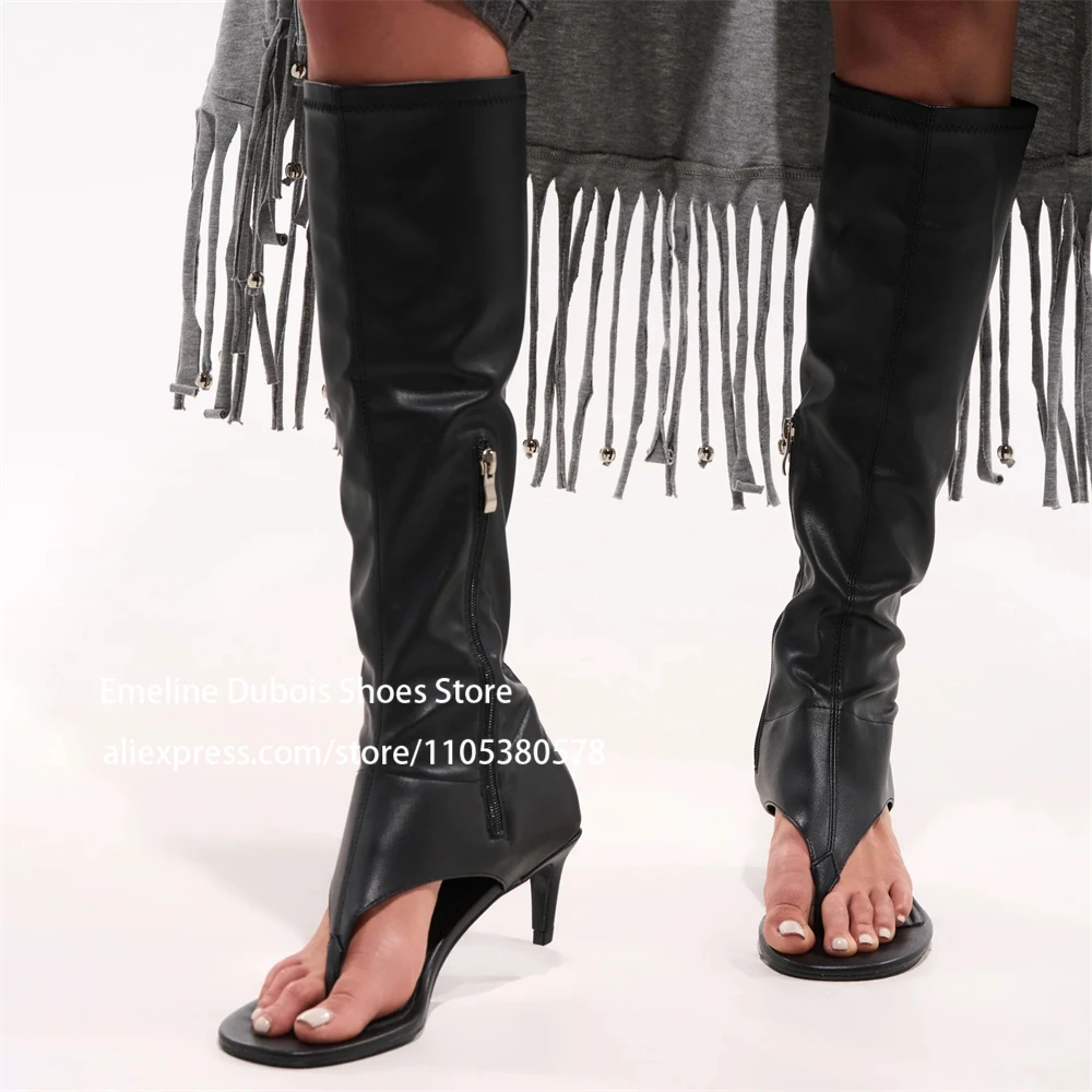 

Faux Leather Suede Knee High Heels Thong Boots Side Zipper Open Toe Stiletto Heel Sandals for Party Club Women Summer Boots