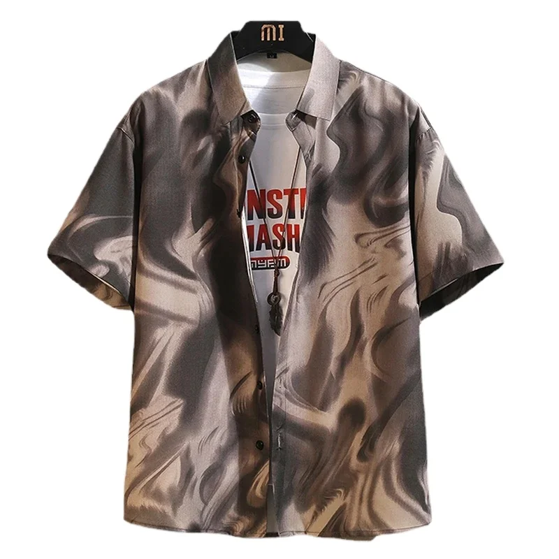 Vinatge Coffee Printed Hawaiian Shirt Men Women Summer Clothing Short Sleeve Ice Silk Blouse Couple Streetwear Festival Hombre