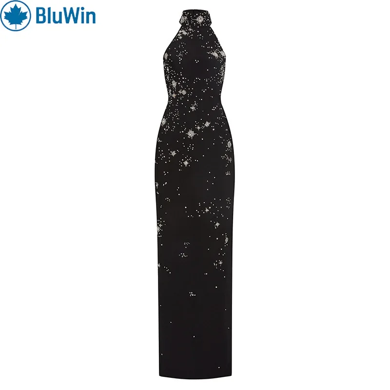 

BluWin Halter Neck Maxi Dress Women Sleeveless Slim Fit Starry Rhinestone Black Evening