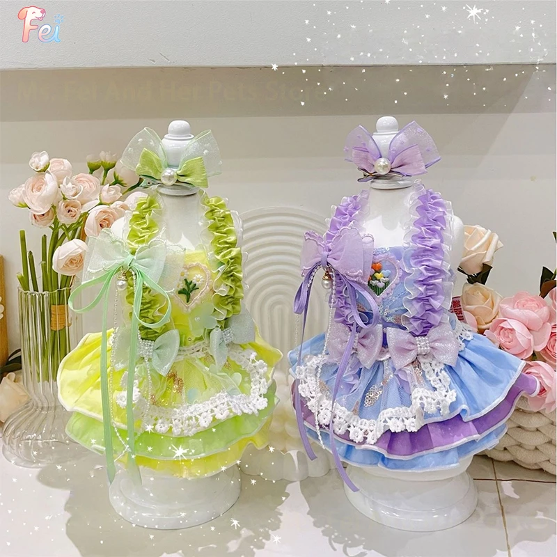 

High Quality Summer Fashion Pet Dog Princess Dress Purple Yellow Lace Sling Fine Print for Small to Medium Chihuahua Dogs Skirts