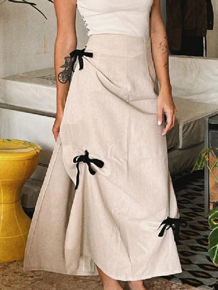 

Bow Maxi Skirt Women Vintage Fashion Long Skirts Female Elegant Chic High Waist Skirt Ladies Casual Loose All-Match Skirts