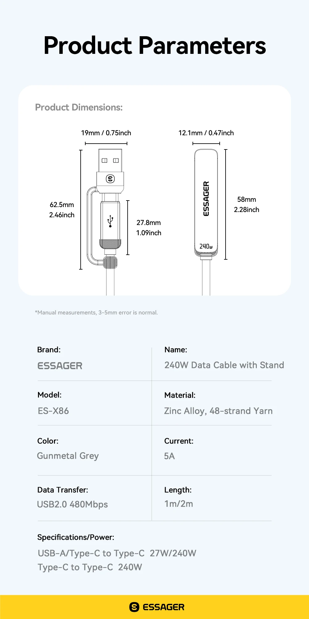 Essager 2-in-1 240W USB-C-Kabel mit Telefonständer für iPhone 17 16 Pro Max iPad Typ-C-Kabel für Macbook Xiaomi Samsung S25 – Detail 9