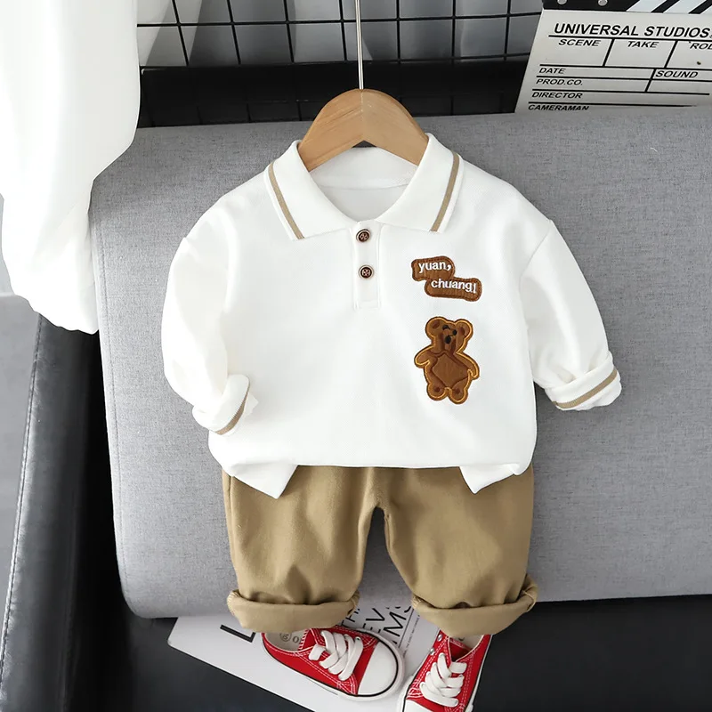 Autumn Children\'s Clothes Boys Suit Lapel Long Sleeve Cartoon T-Shirt + Casual Pants 2 Pieces Baby Set