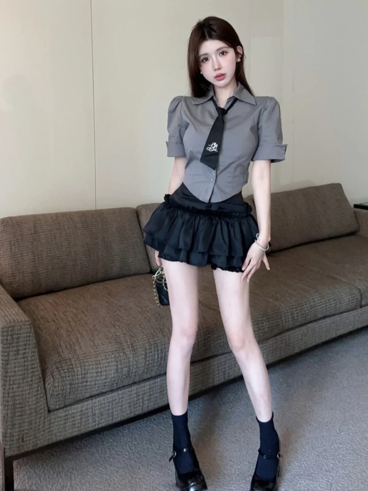 ort Sve Tie irt Top with Fluffy f Skirt Home College Sle Age-Defng 2025 JK orm Two-Piece Set Cotton  Co...fdfe