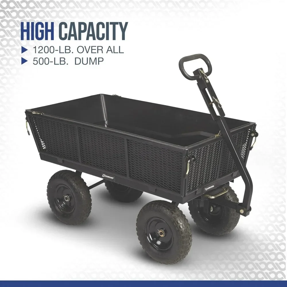 Steel Dump Cart With Removable Liner - 1200-Lb. Capacity Wheels Trolley 50in.L X 24in.W Overall Size Cargo Trolleys Garden Carts