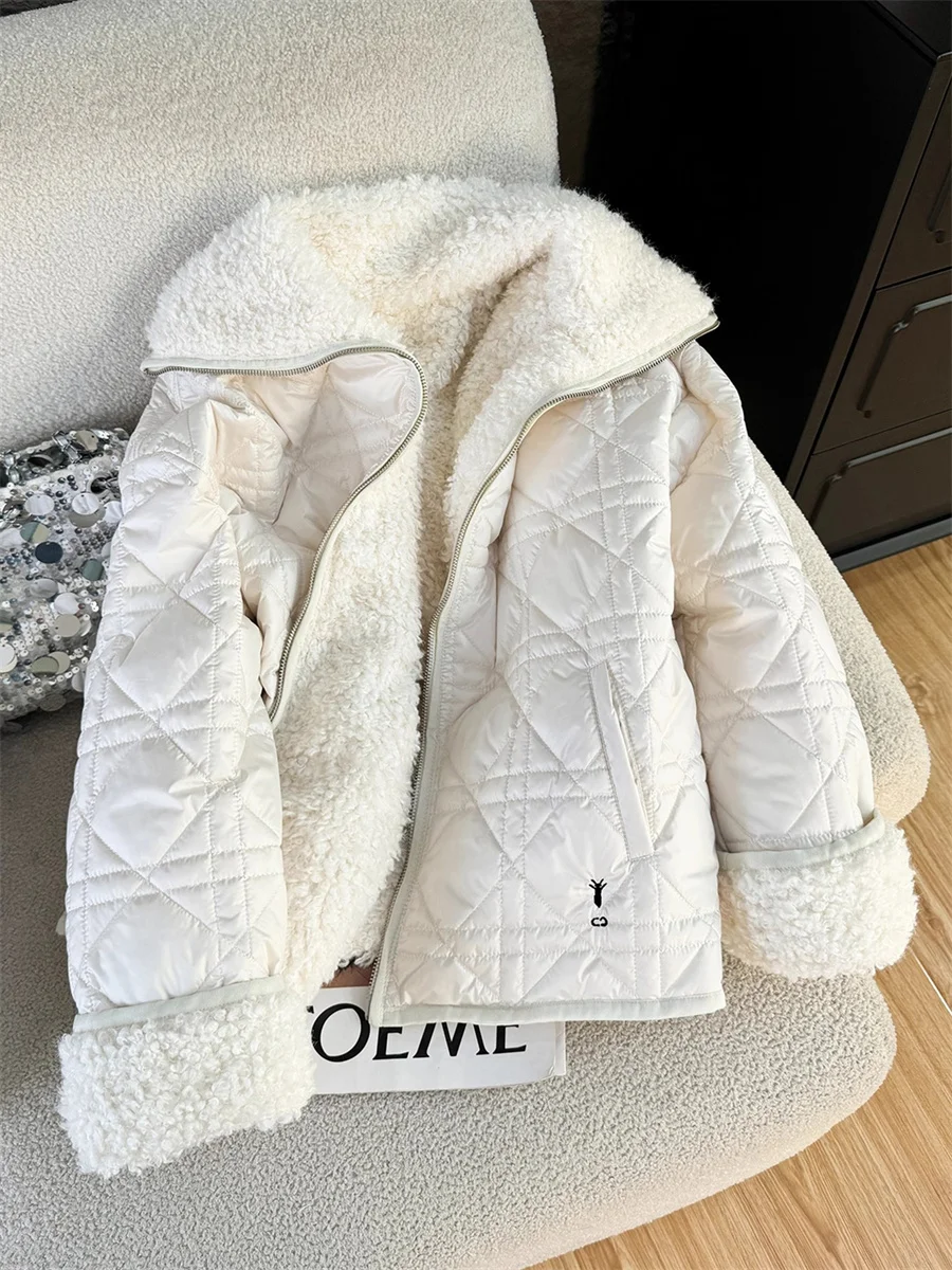 

Теплое хлопковое пальто в стиле ретро с меховым воротником ягненка и ромбовидным узором для мужчин и женщин, осень-зима, нежное винтажное пальто