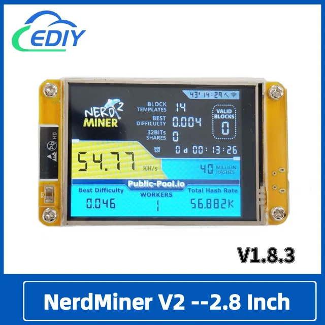 NerdMiner V2 Hashrate, inteligentny wyświetlacz, Crypto Solo, loteria, Nerd Miner, Bitcoin Miner ESP32-2432S028R, 49 k/S, 2,8 cala