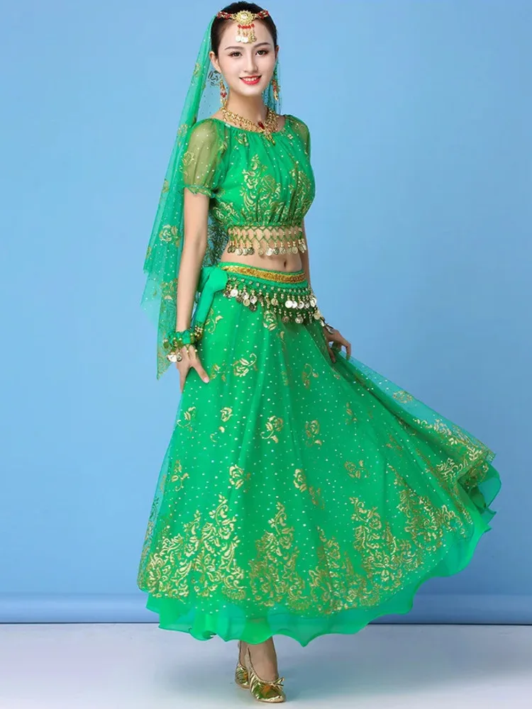 스팽글 시폰 퍼프 슬리브 크롭 탑과 하이 웨이스트 스커트 세트 – 우아한 클래식 댄스 공연 의상