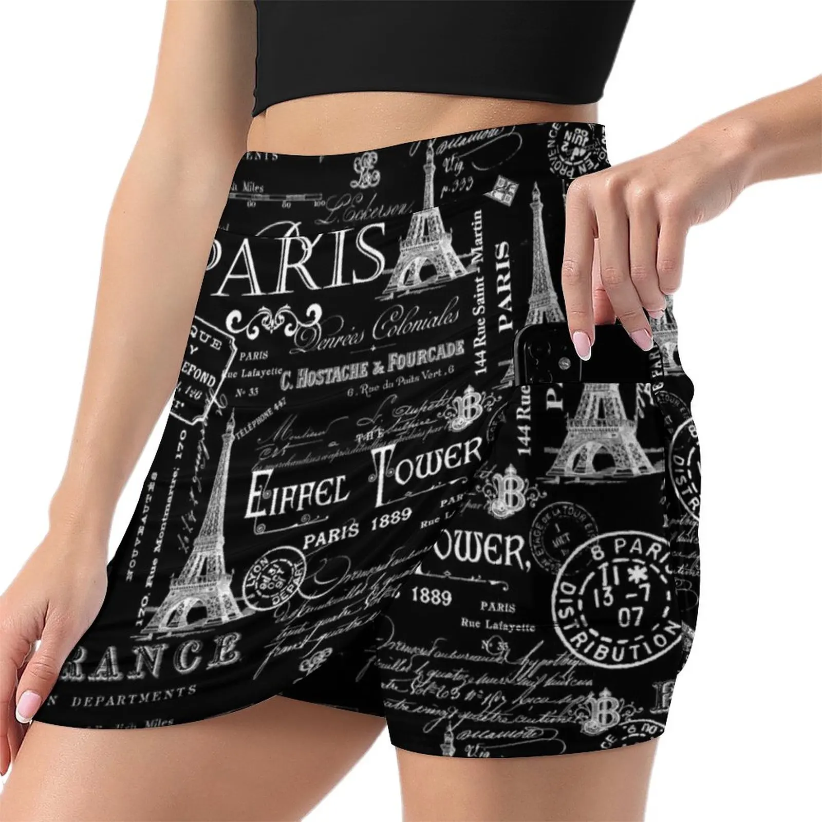 Vintage Paris French Lifestyle With Eiffel Tower Black And White Allover Pattern Mini Skirt sexy skirt Clothing female