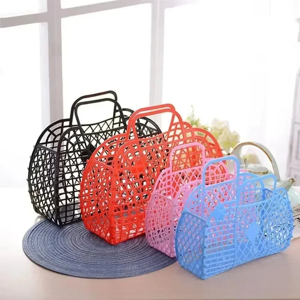 

Hot Women Summer Jelly Bag Portable Vegetable Basket Hollow Jelly Bag Girl Large Capacity Holiday Handbag Jelly Beach Tote Bags