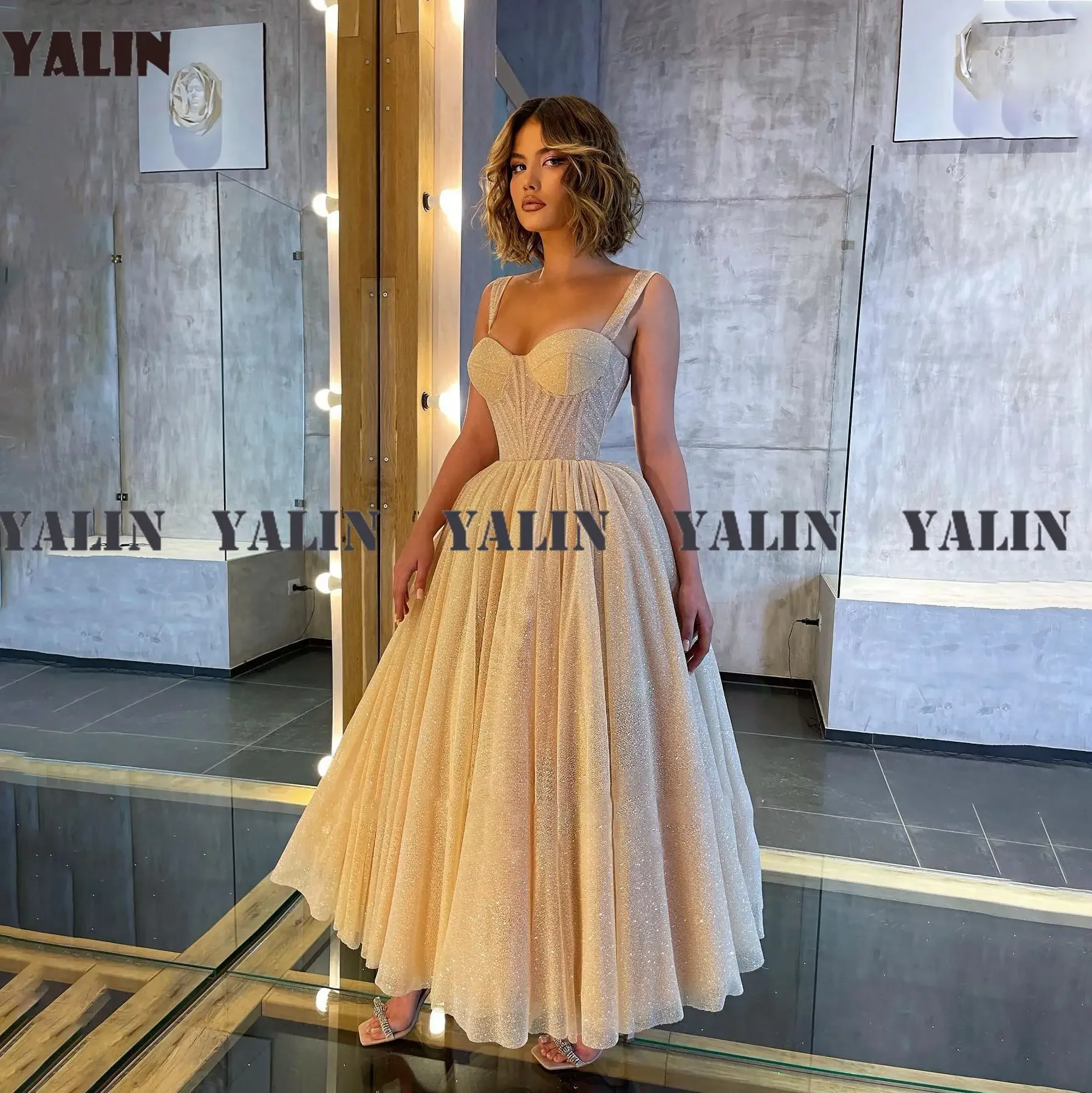 

YALIN Champagne Glitter Sweetheart Party Dress Tea- Length Spaghetiti Tulle A-line Prom Luxury Midi Evening Gown For Girl