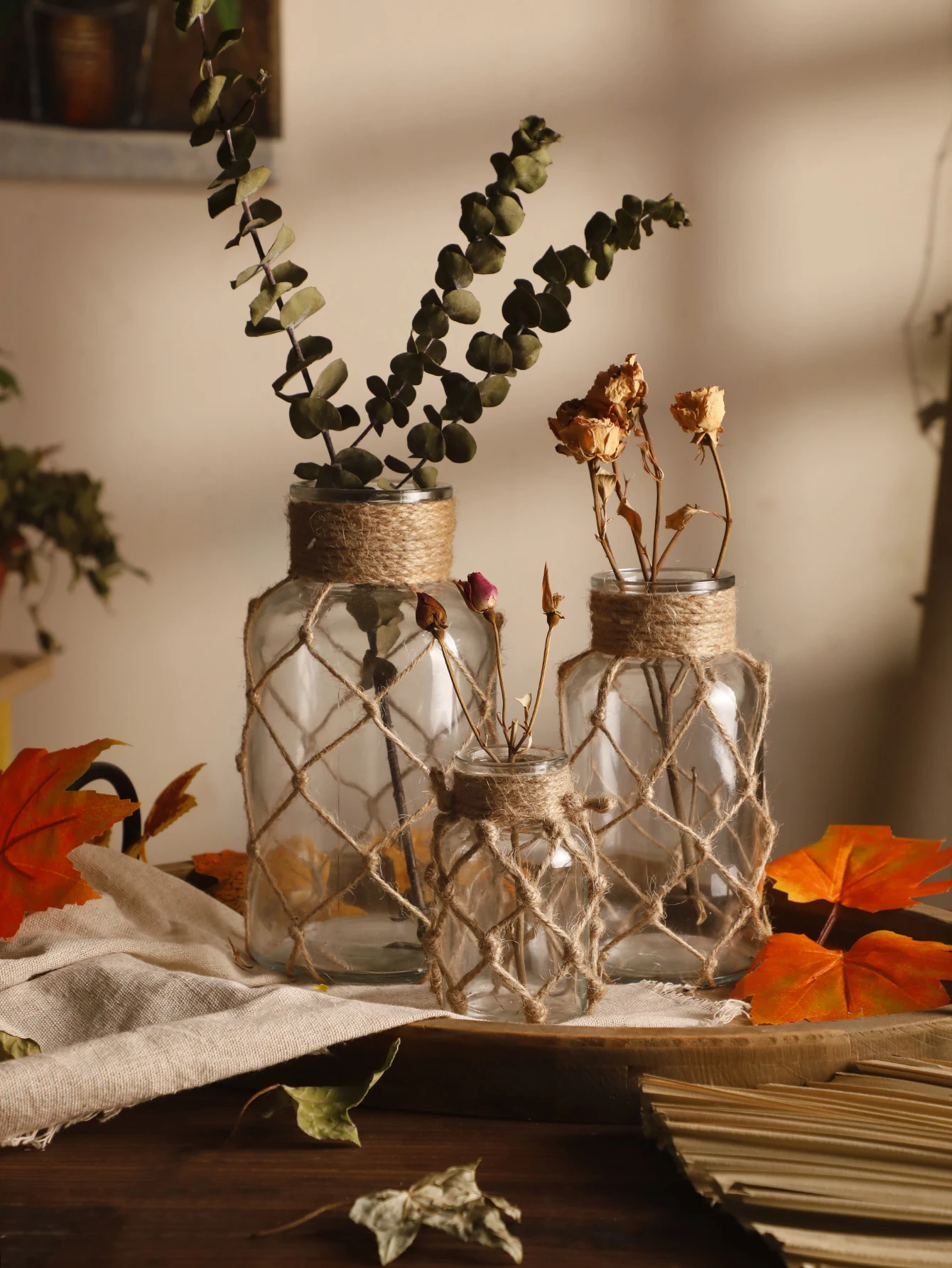 Rustikale Glasvase, Tisch, transparente Vasen, Boho-Heimdekoration, Pflanzenflaschen mit Hanfseil, Schreibtischdekoration, Netzseil, trockene Blumenvase