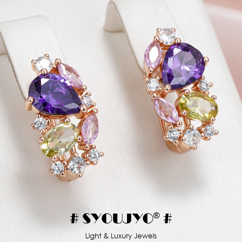 SYOUJYO Purple Natural Zircon Drop Earrings For Women Trendy Jewelry 585 Rose Gold Color Bride Wedding Earrings