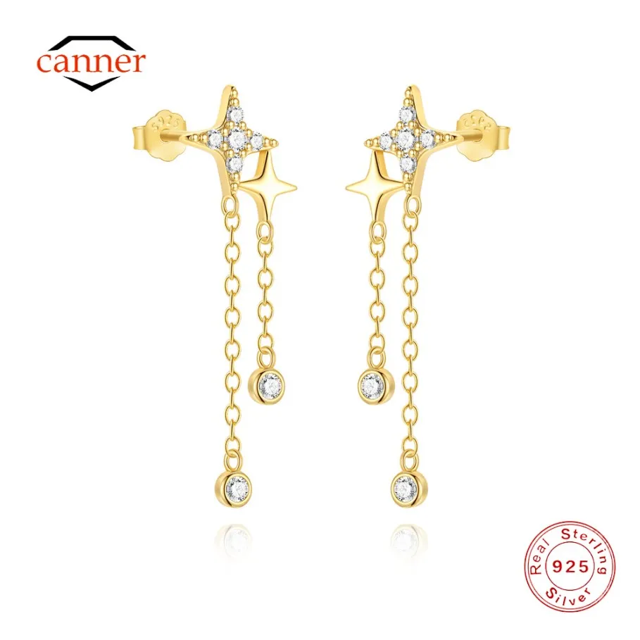 

CANNER 925 Sterling Silver Four Pointed Zircon Long Tassel Chain Drop Earrings For Women Ins Simple Moon Earrings Fine Jewelry