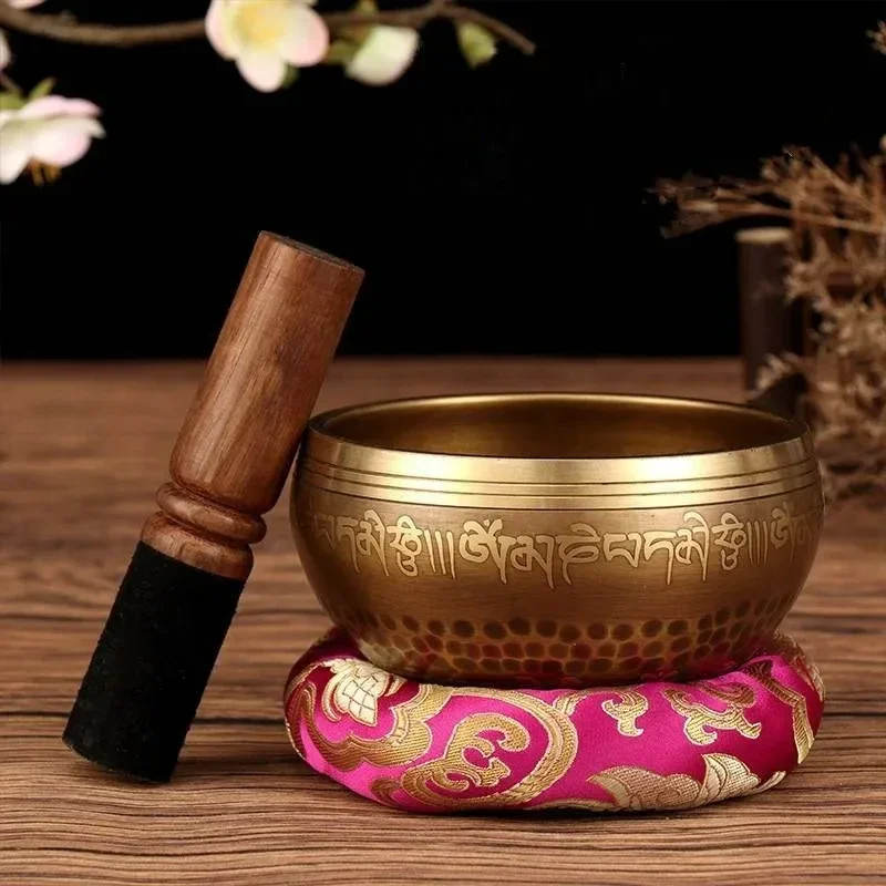 Nepal Handmade Brass Singing Bowl Buddha Engraved Tibetan Meditation Bowl for Yoga Sound Healing Mindfulness with Leather Mallet