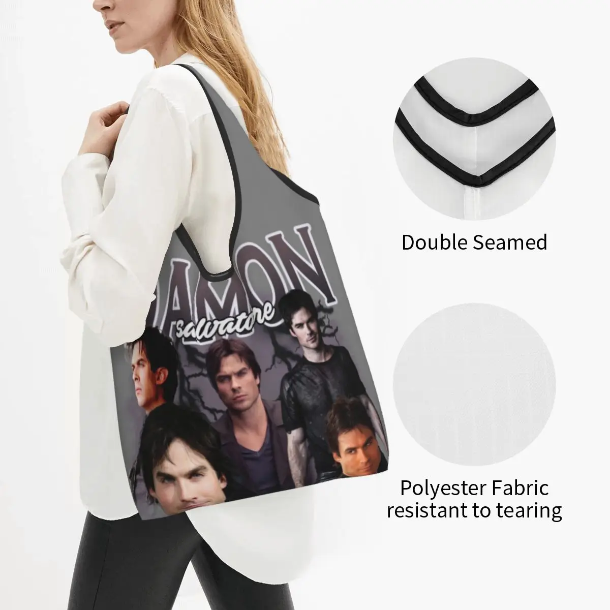 Large Reusable Damon Salvatore Grocery Bags Recycle Foldable The Vampire Diaries Ian Somerhalder Tv Series Shopping Eco Bag