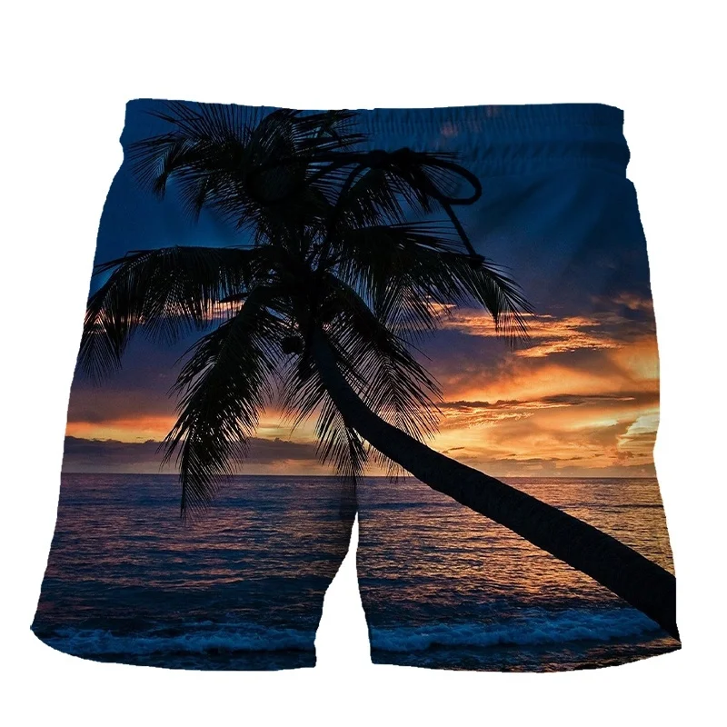 Tropische Palmen Meer Sonnen untergang Strand Shorts 3D-Druck Urlaub schnell trocknen Surfbrett Shorts Männer Kinder Streetwear Sommer kurze Hosen