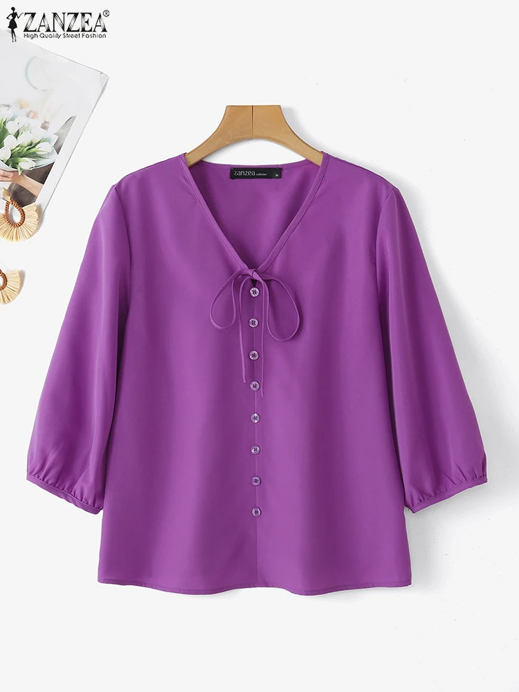 ZANZEA Women Shirts Solid Casual V Neck Tops 2025 Summer Female Lace-Up OL Work Tunic 3/4 Lantern Sleeve Buttons Beach Blusas