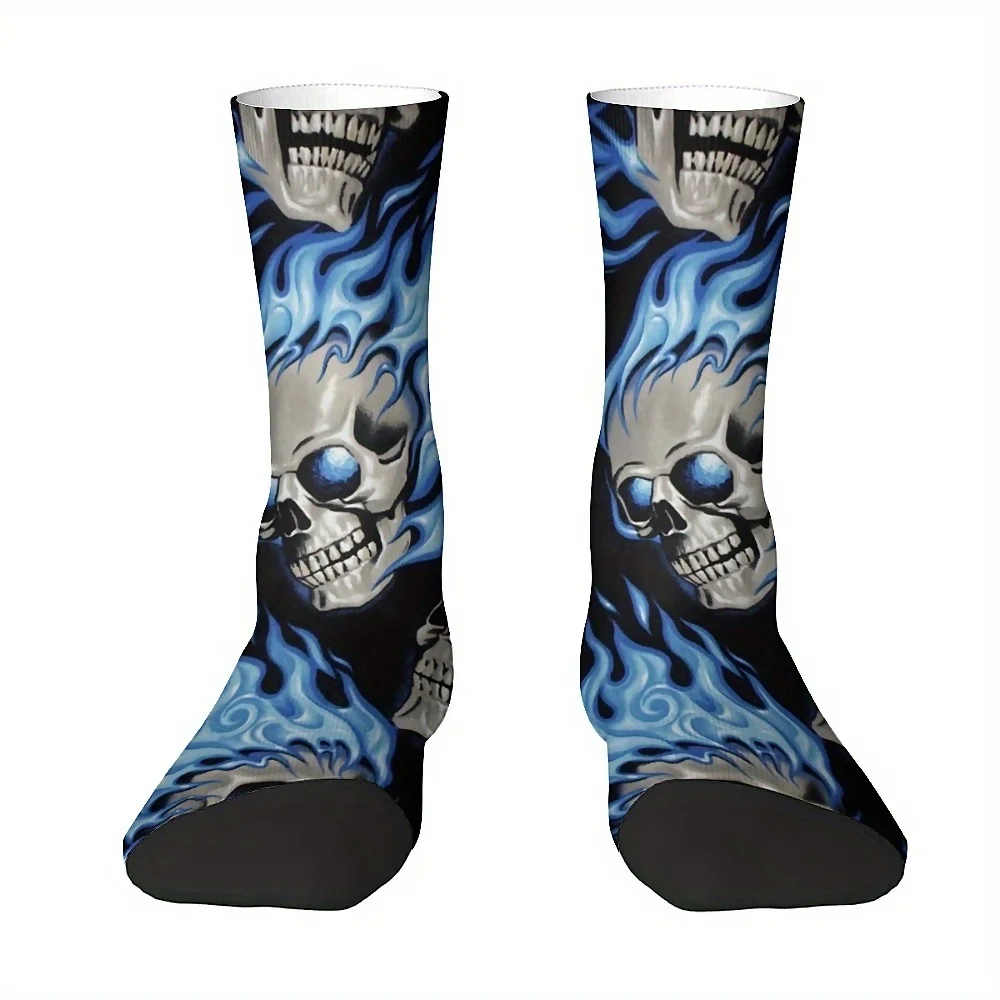 Blue Flame Skull Print Crew-Length Hosiery for Men and Women, Knit Polyester Fabric with Spandex, Machine Washable,