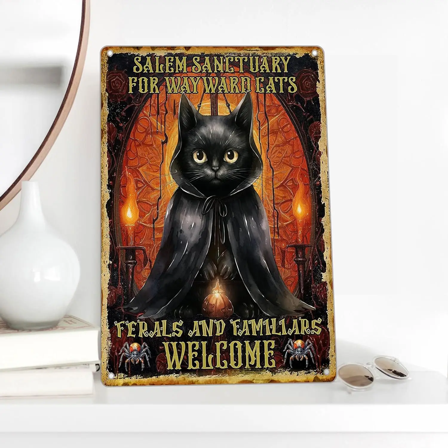 Vintage Halloween Black Cat Metal Signs Salem Stray Cat Sanctuary Signs Feline Welcome Poster Home Wall Art Decor Metal Tin Sign