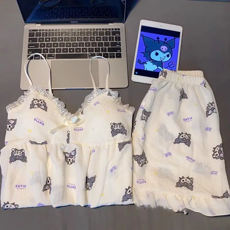 

Sanrio, новый стиль, модные тонкие подтяжки из ледяного шелка, пижамы для девочек, летние шорты с героями мультфильмов, милый хлопковый домашний костюм с пузырьками, костюм Kuromi