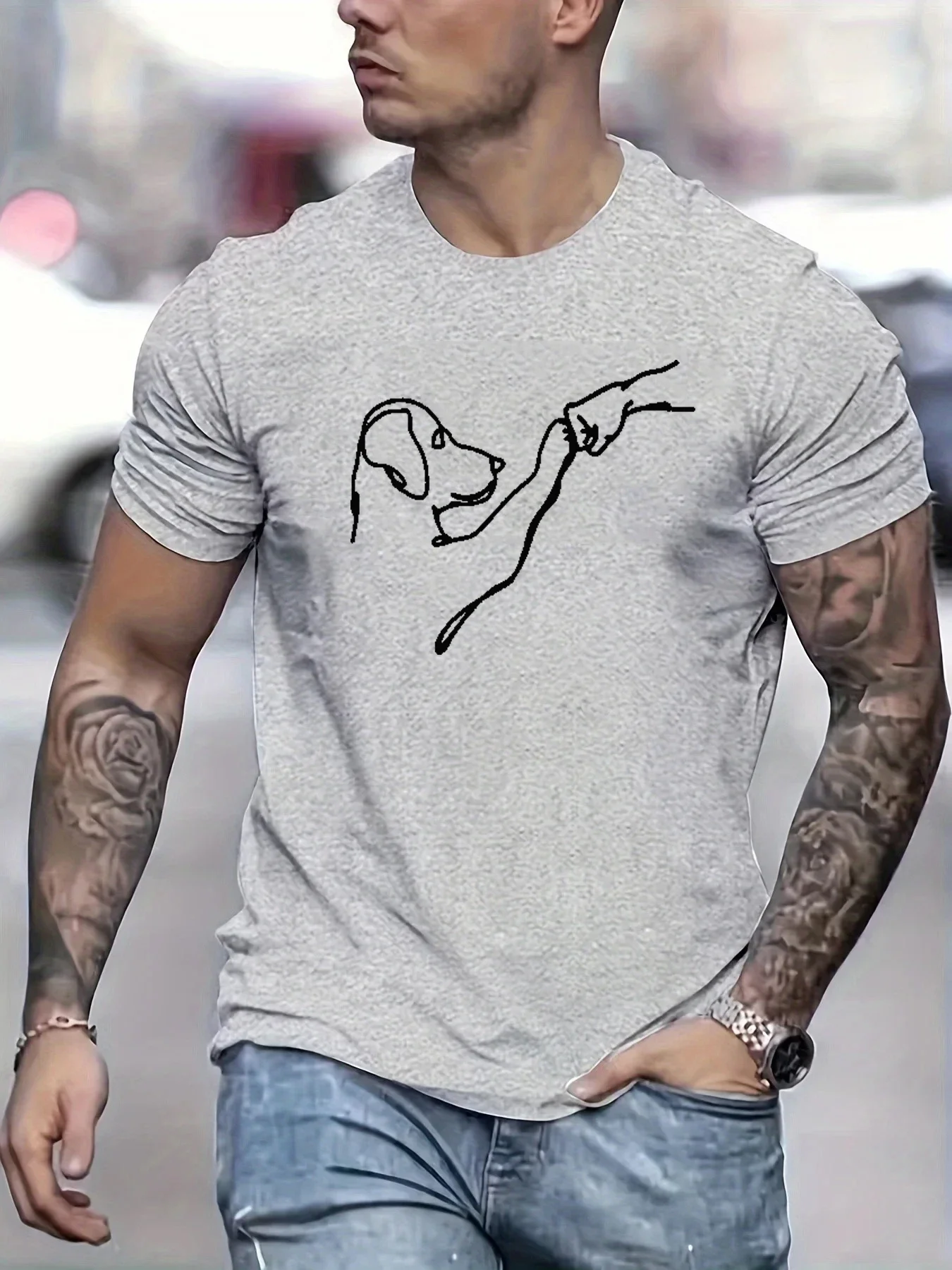 Heren 100% katoen zomer losse pasvorm High Fives Line Drawing bedrukt slim fit casual sport ronde hals korte mouwen T-shirt top