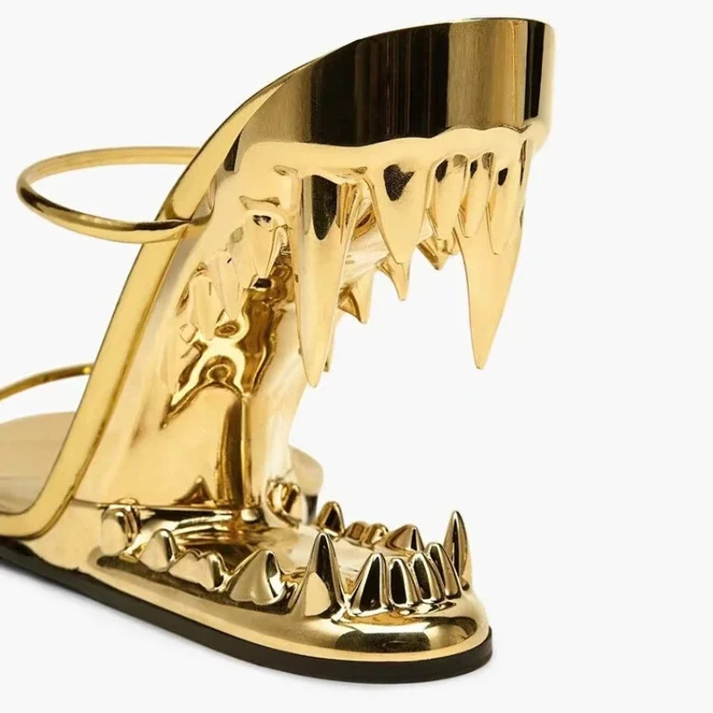 2023 Summer New Imitation Fangs Heel Round Sandals Super High Heels Gold Party Slippers Size 34-43 Profiled Shoe Women\'s Shoes