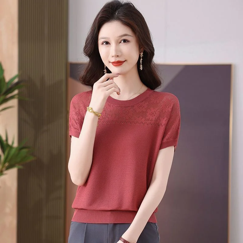 Hollow Crocheted Short-sleeved T-shirt Women’s Summer 2026 New Western Ice Silk Sweater Loose Slim Knitwear Ladies Pullover Top 3 Hollow Crocheted Short-sleeved T-shirt Women's Summer 2026 New Western Ice Silk Sweater Loose Slim Knitwear Ladies Pullover Top 3
