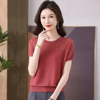 Women's Hollow Crocheted Short-Sleeve Knit Top 3 Hollow Crocheted Short-sleeved T-shirt Women's Summer 2026 New Western Ice Silk Sweater Loose Slim Knitwear Ladies Pullover Top 3