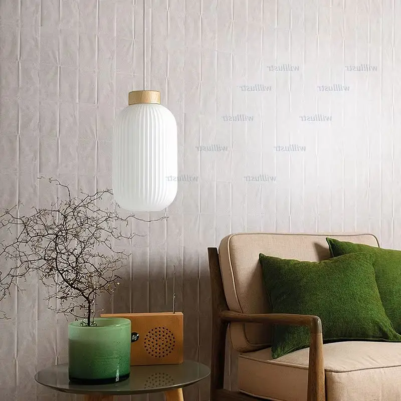 

White Glass Pendant Lamp Wood Ceiling Chandelier Hotel Cafe Living Dining Room Bedside Loft Lantern Suspension Hanging Lighting