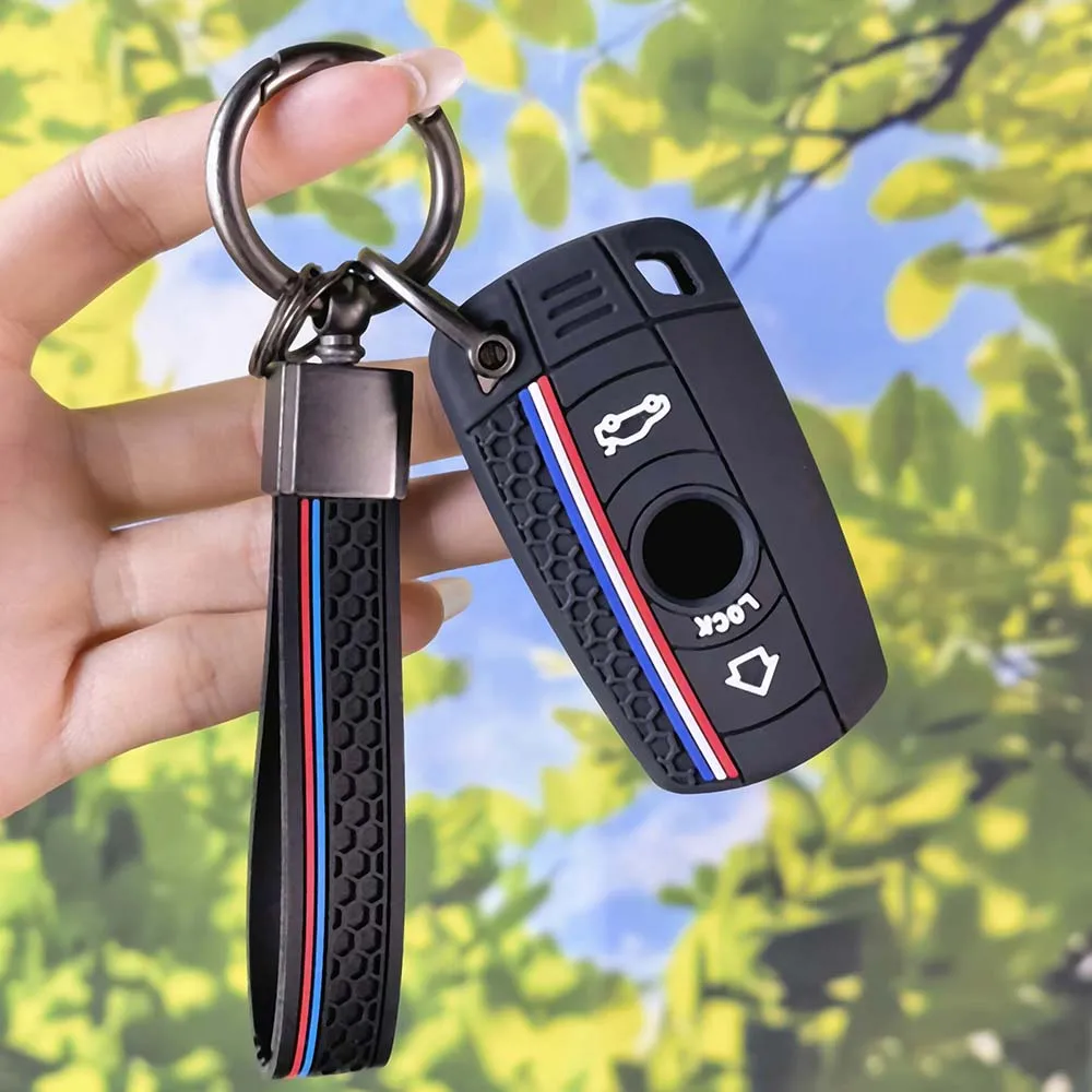 Trend Sport Hex Texture Key Fob Cover With Keychain For BMW E90 E60 E70 E87 3 5 6 Series M3 M5 X1 X5 X6 Z4 Silicone Key Shell