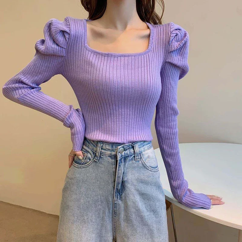 Biyaby Solid Color Short Tops Women French Style Square Collar Puff Sleeve Sweater Pullovers Woman 2023 New Chic Knitted T Shirt