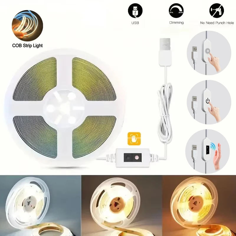 5V COB LED Light Strip Touch Hand Sensor Push Switch Control Flexible Linear Tape for Bedroom Kitchen Wall Cabinet DIY Lighting