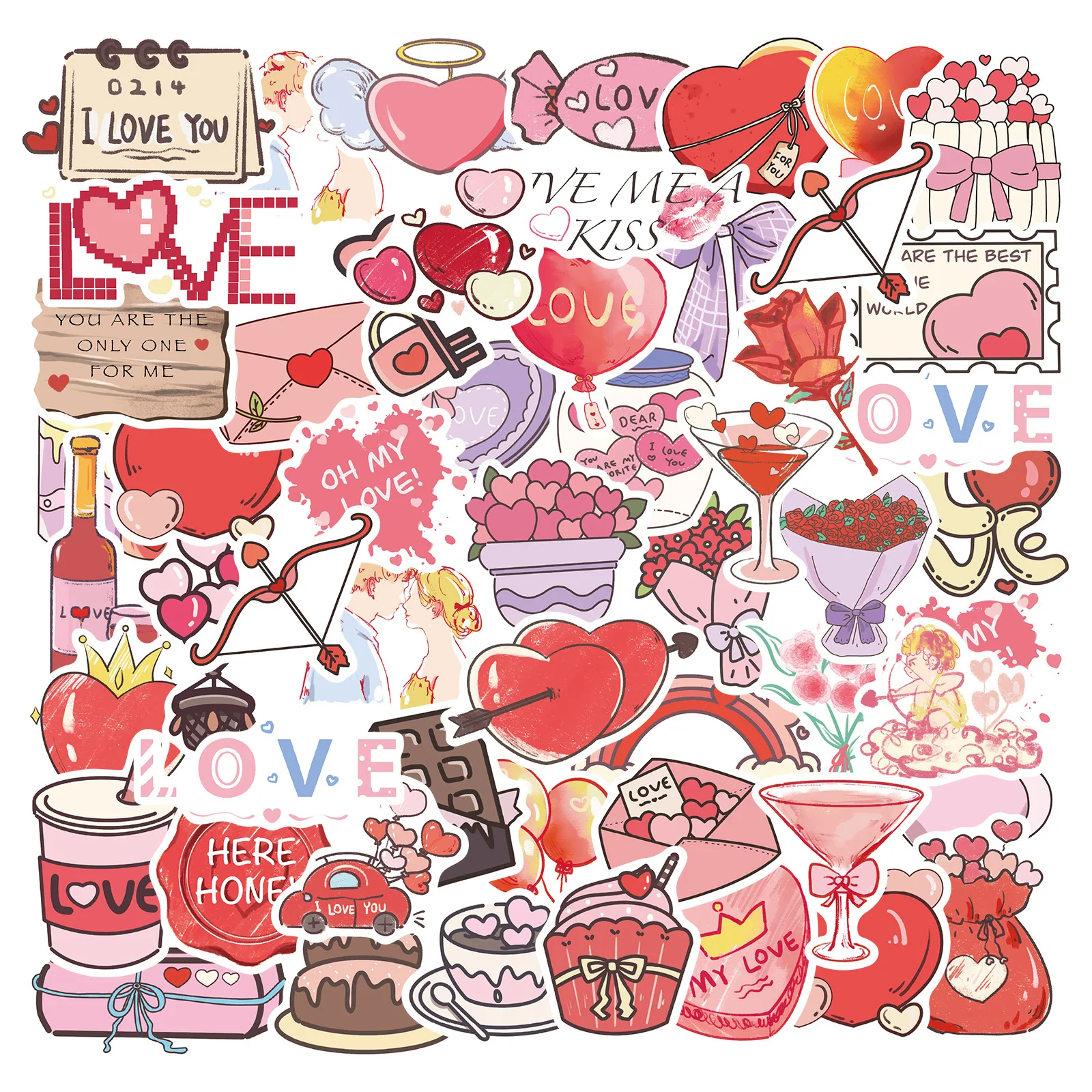 50 Pcs Valentines Day Letter Stickers Pink Heart Luggage Motorcycle Trolley Case Notebook Wall Waterproof Stickers