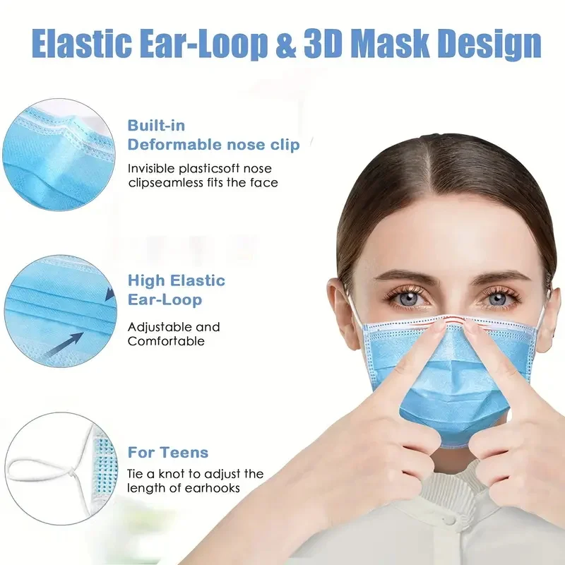 50/100 Buah Masker Sekali Pakai untuk Wajah Masker Dewasa Biru Putih Grosir Pabrik 3 Lapis Masker Wajah Sejuk Non-tenun Meltblown