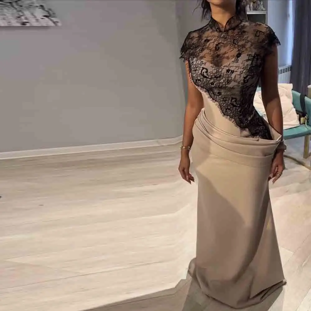 

Customized Evening Dress with Black Lace Embellished Dubai Mermaid Formal Party Gown Pleat Overskirt Satin Wedding Guest Outfit