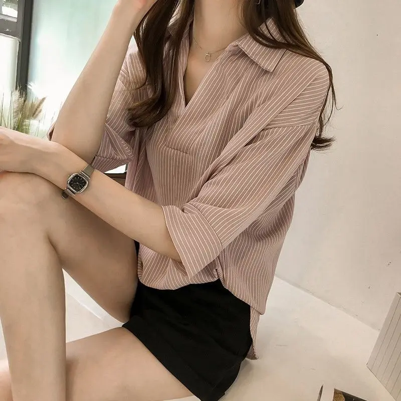 Office Lady Stylish Striped Blouse Spring Summer New 3/4 Sleeve Korean Loose Turn-down Collar Female Clothing Drawstring Shirt