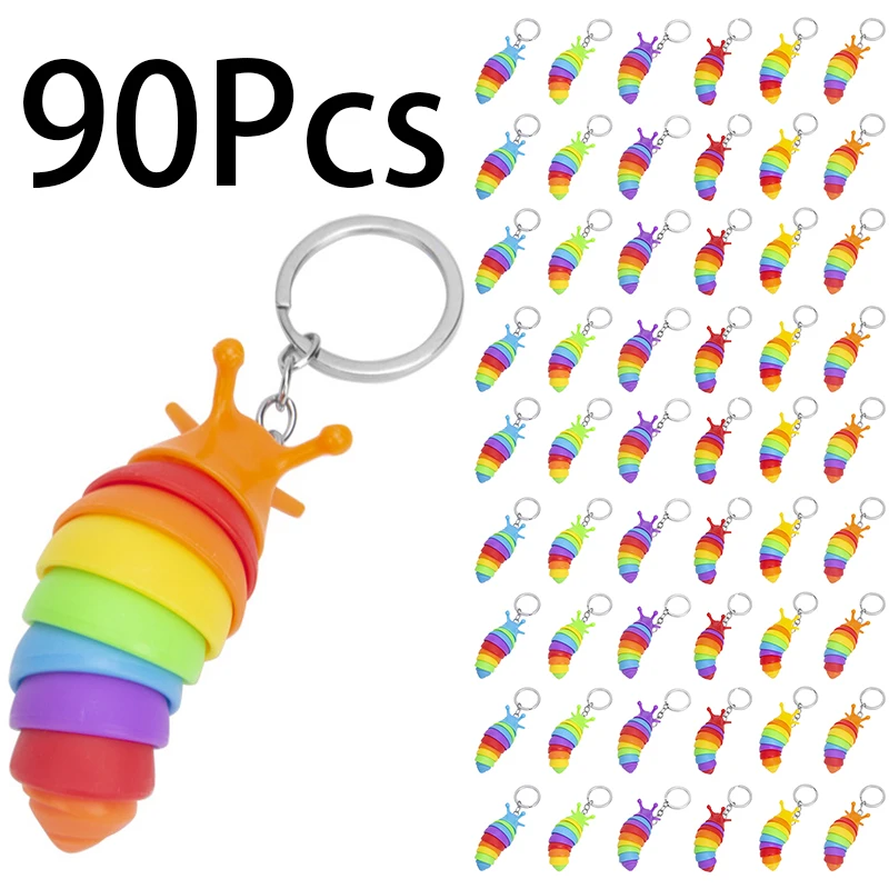 

90Pcs Colorful Decompression Caterpillar Keychain Slug Small Plastic Keychain