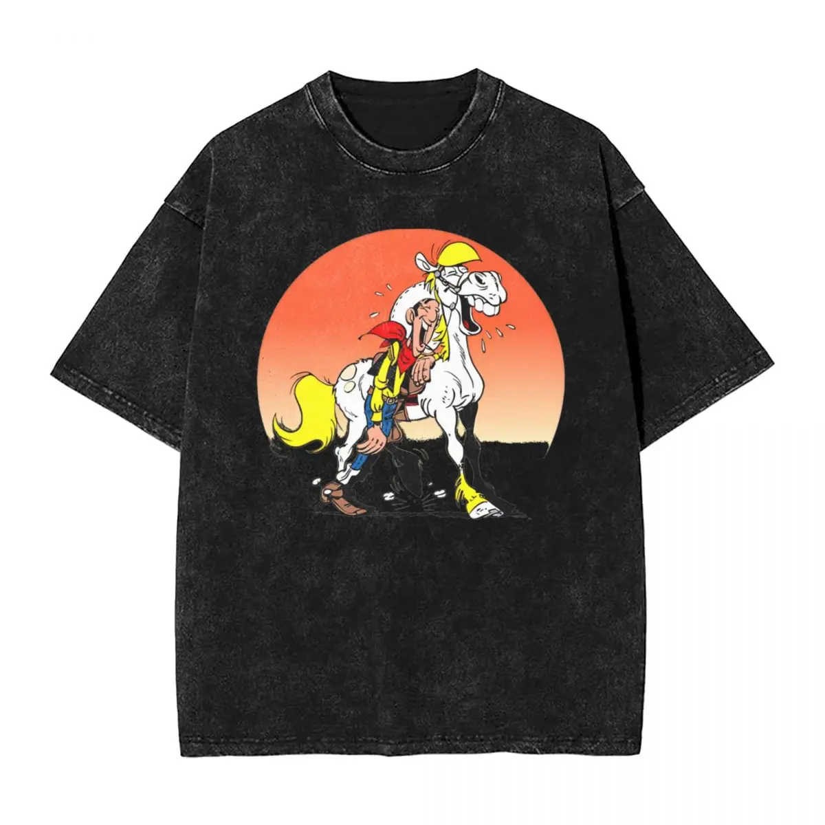 Funny Lucky Luke Cowboy T Shirts Washed Short Sleeve T-Shirts Dalton Brothers Comics Men Women Tops Streetwear Summer Tee Shirt